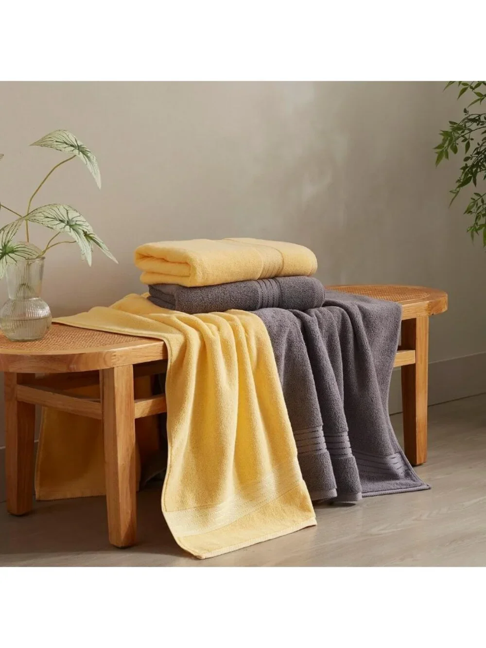 Soft Turkish Cotton Bath Towels Set, 4 PCS, 27x54, 650 GSM, Grey & Yellow